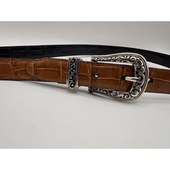 Reversible Brighton Style Leather Belt XL Brown Navy Croc Embossed Scroll Buckle main image 5